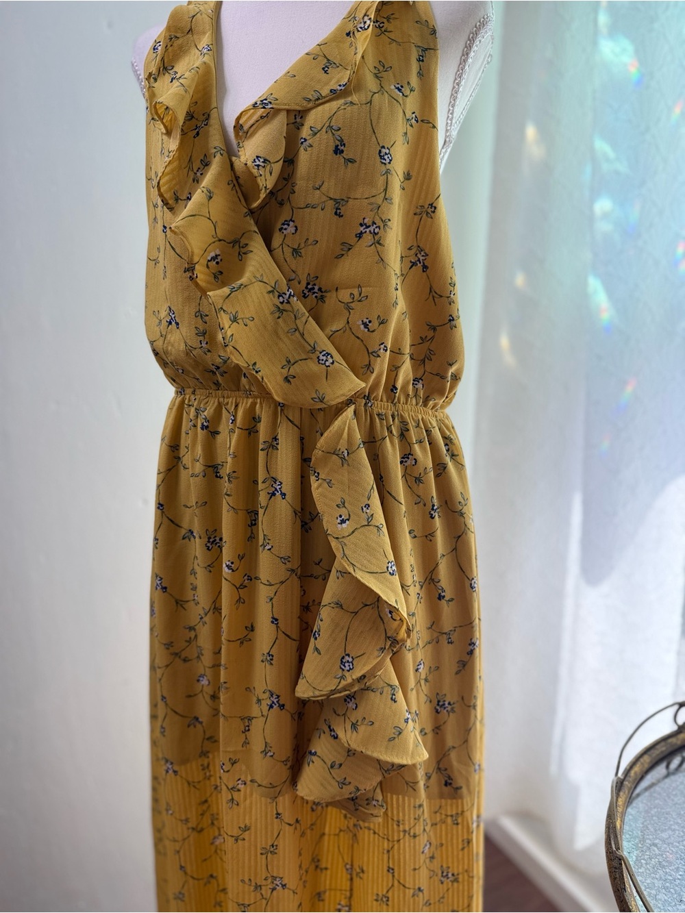 NSR Mustard Floral Ruffle Midi Dress
